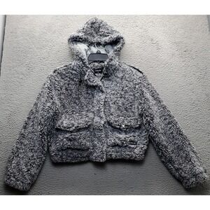 Hurley Cropped Jacket Womens Medium Multi Teddy Fleece Hooded Snap Up Inside Zip